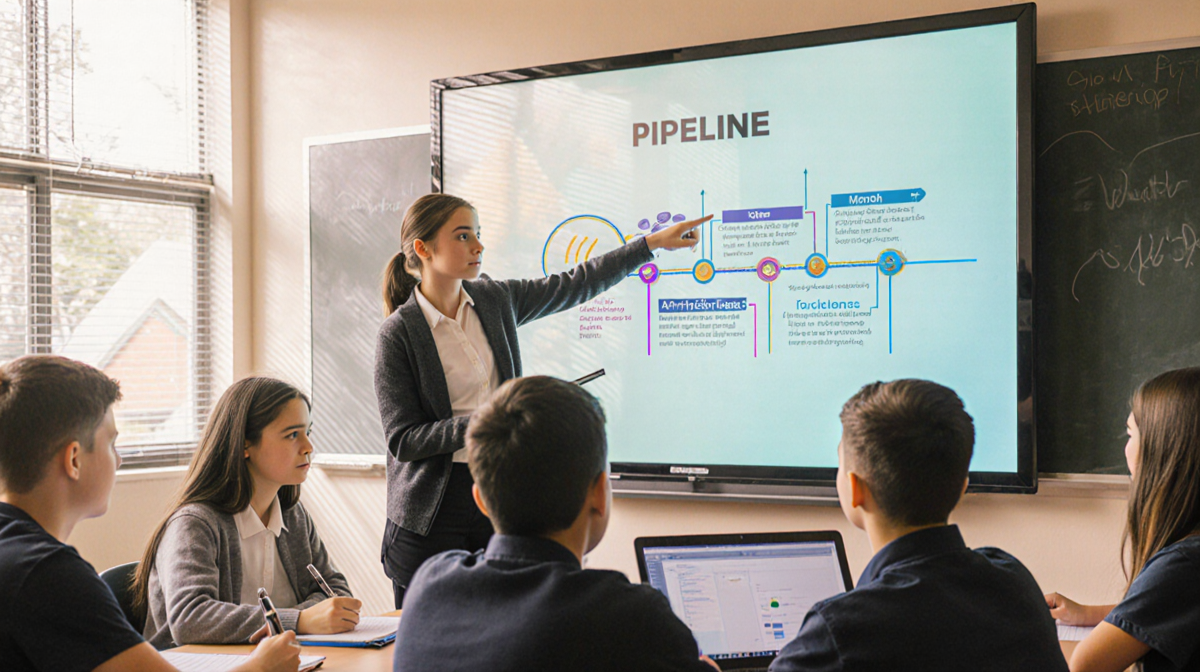 Student points to pipeline diagram on screen with classmates listening in warm classroom