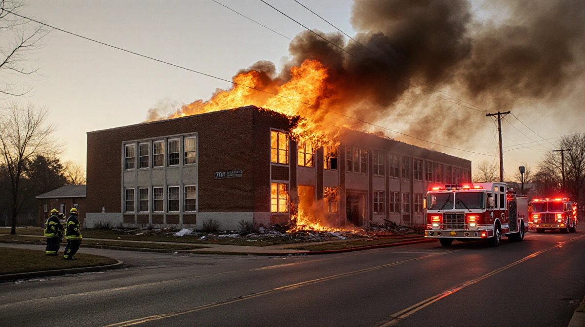 Firefighters battle flames engulfing vacant school with smoke rising at dawn