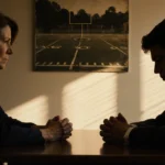 Stern woman facing young man with bowed head in dim office with faded football field behind them