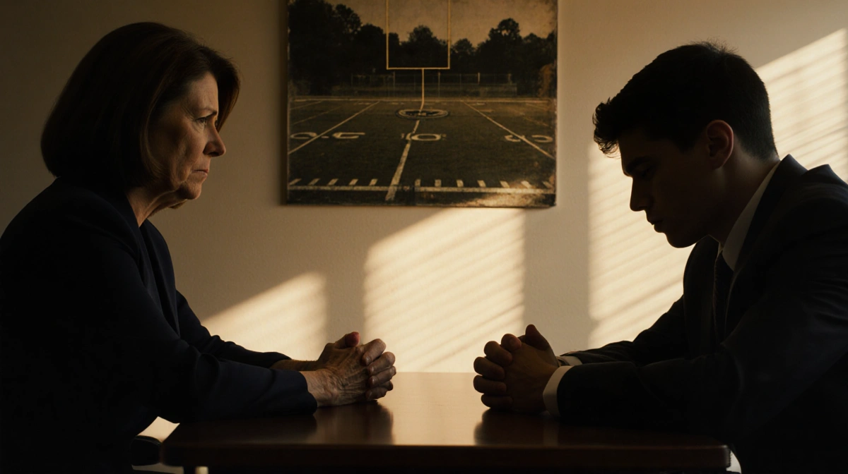 Stern woman facing young man with bowed head in dim office with faded football field behind them