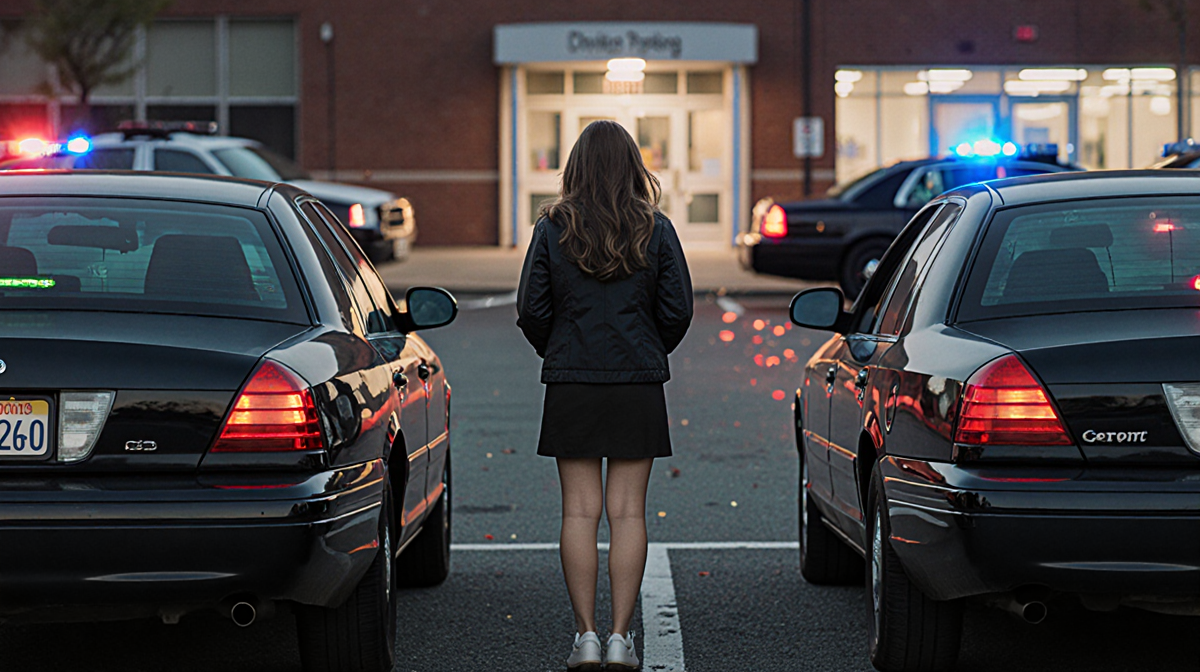 Woman standing in parking lot looking north at cars as a witness with police lights flashing in background
