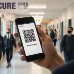 Student scanning QR code on security screen with Secure Status banner in school hallway
