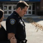 Police officer stands with head down and grieving mother touching his arm with bullet casings scattered behind them