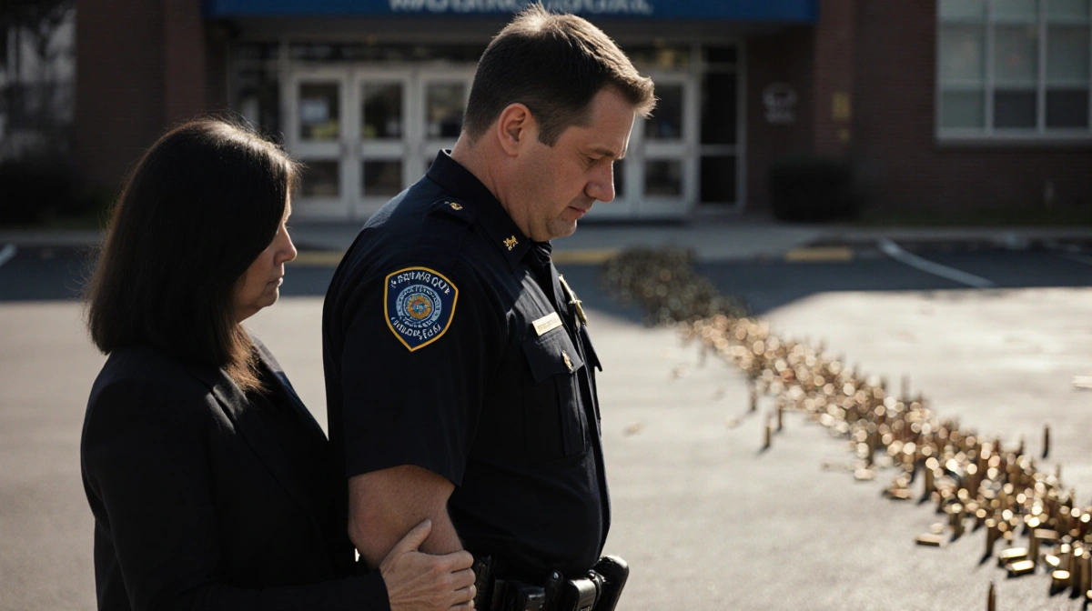Police officer stands with head down and grieving mother touching his arm with bullet casings scattered behind them