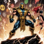 Scorpion stands on platform with glowing mask and Annabelle floating beside him amid swirling multiverse symbols