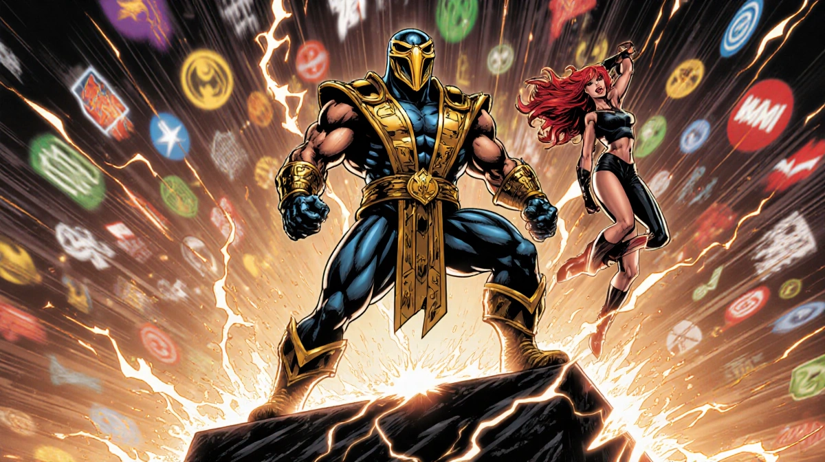 Scorpion stands on platform with glowing mask and Annabelle floating beside him amid swirling multiverse symbols