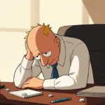 Scott Adams thinking at desk with open Pluvicto pill bottle and scattered pen and tired expression