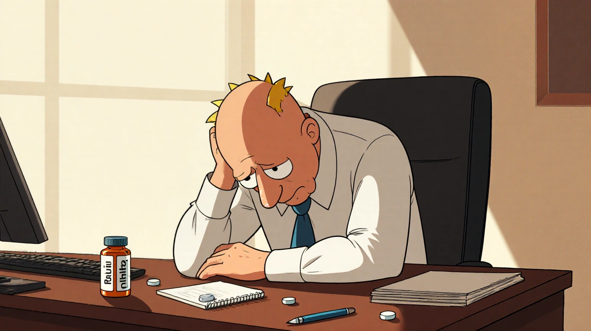 Scott Adams thinking at desk with open Pluvicto pill bottle and scattered pen and tired expression