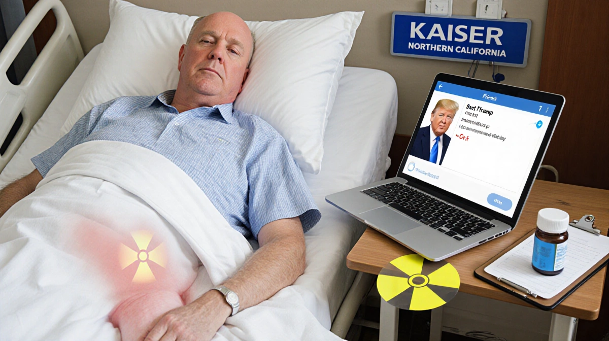 Scott Adams lying with tablet showing Trump's response radiation symbol over lower body and chart listing Pluvicto