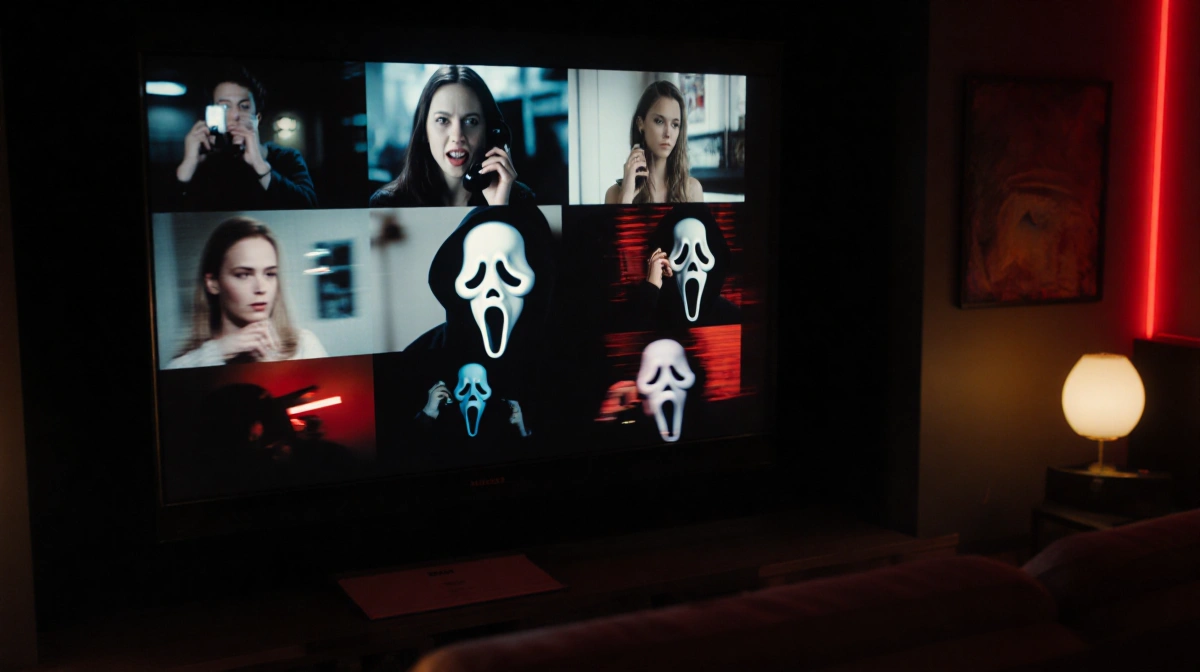 TV screen flashes Scream 7 trailer with red lighting and theater seats behind