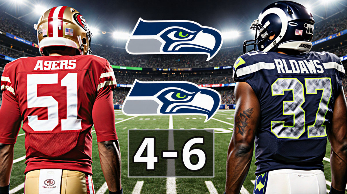 Scoreboard flashing 49ers 41-6 over Seahawks 31-27 with Seahawks logo and 49ers jerseys
