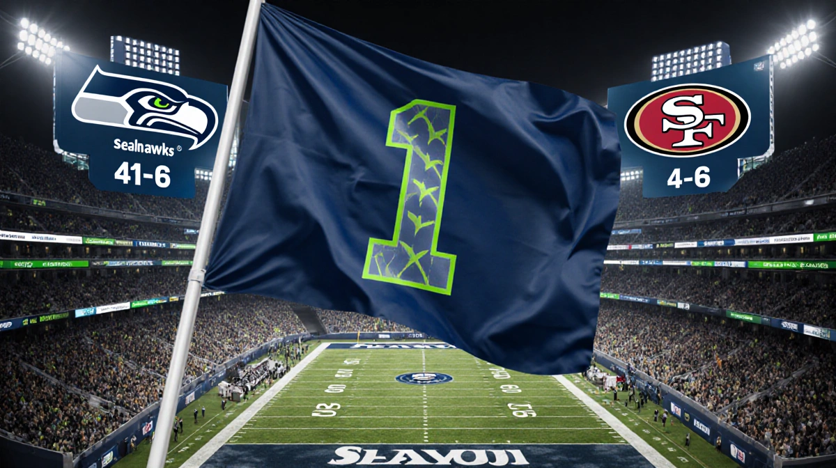 Seattle Seahawks number 1 flag waves over stadium with scoreboard showing 41-6 victory and cheering fans