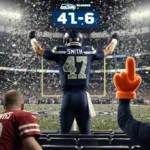 Geno Smith celebrating victory with arms raised and confetti falling as Seahawks fan cheers with foam finger