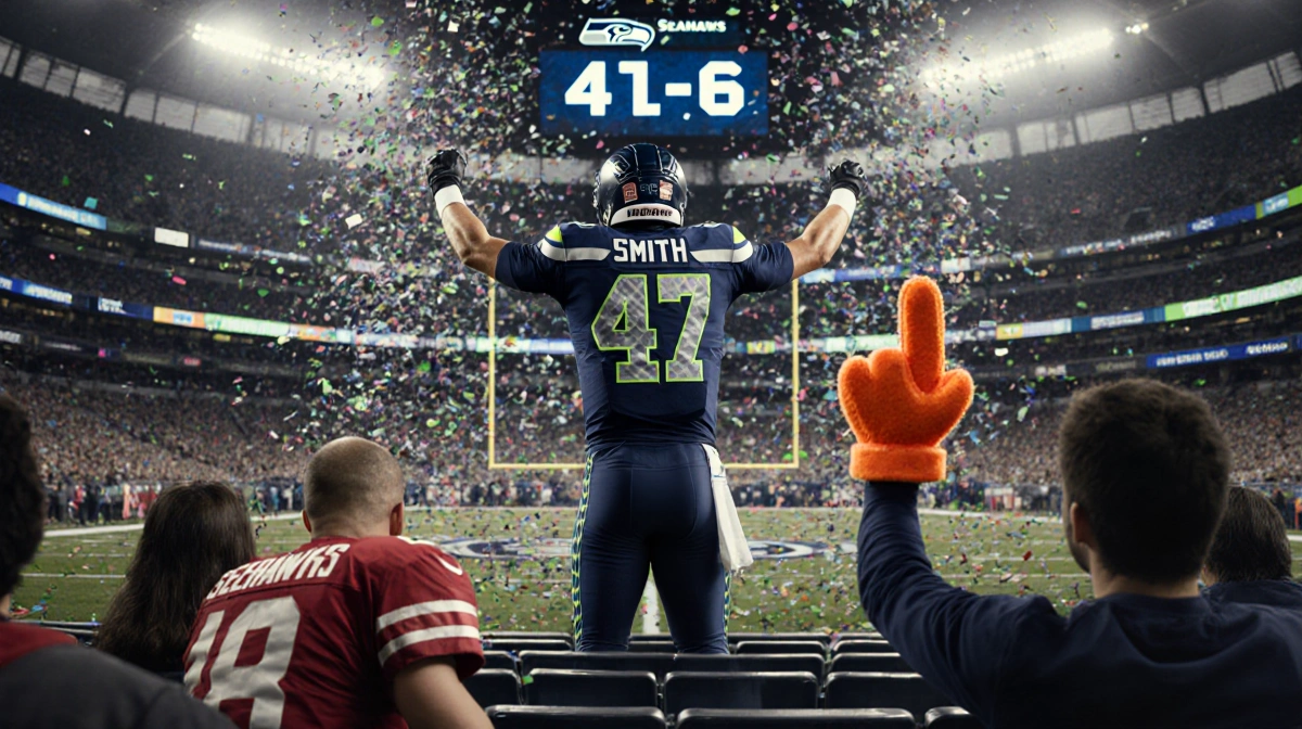 Geno Smith celebrating victory with arms raised and confetti falling as Seahawks fan cheers with foam finger