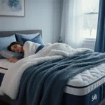 Person sleeping peacefully on Sealy Cocoon Chill mattress with blue and white bedding and warm candlelight from bedside table