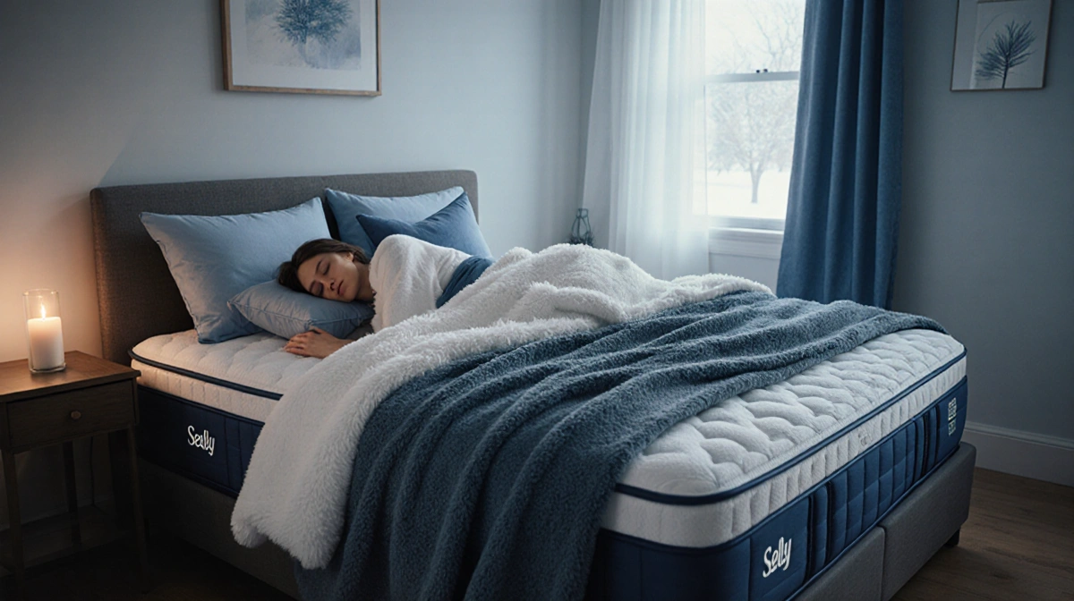 Person sleeping peacefully on Sealy Cocoon Chill mattress with blue and white bedding and warm candlelight from bedside table