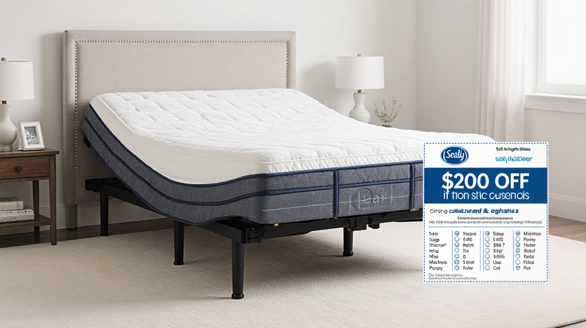 Sealy Ease Power Base lifts adjustable bed with mattress bundle and $200 discount coupon showing savings