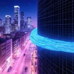 Fiber-optic cable wraps Seattle skyscraper base with electric blue glow and soft pink city lights in nighttime skyline.