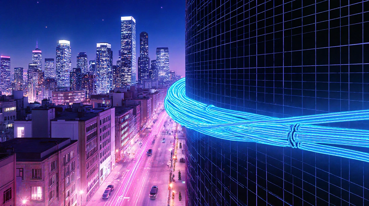 Fiber-optic cable wraps Seattle skyscraper base with electric blue glow and soft pink city lights in nighttime skyline.