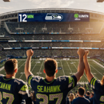 Die‑hard Seahawks fans cheering with jerseys and joined hands under the logo faces upturned toward stadium at sunset
