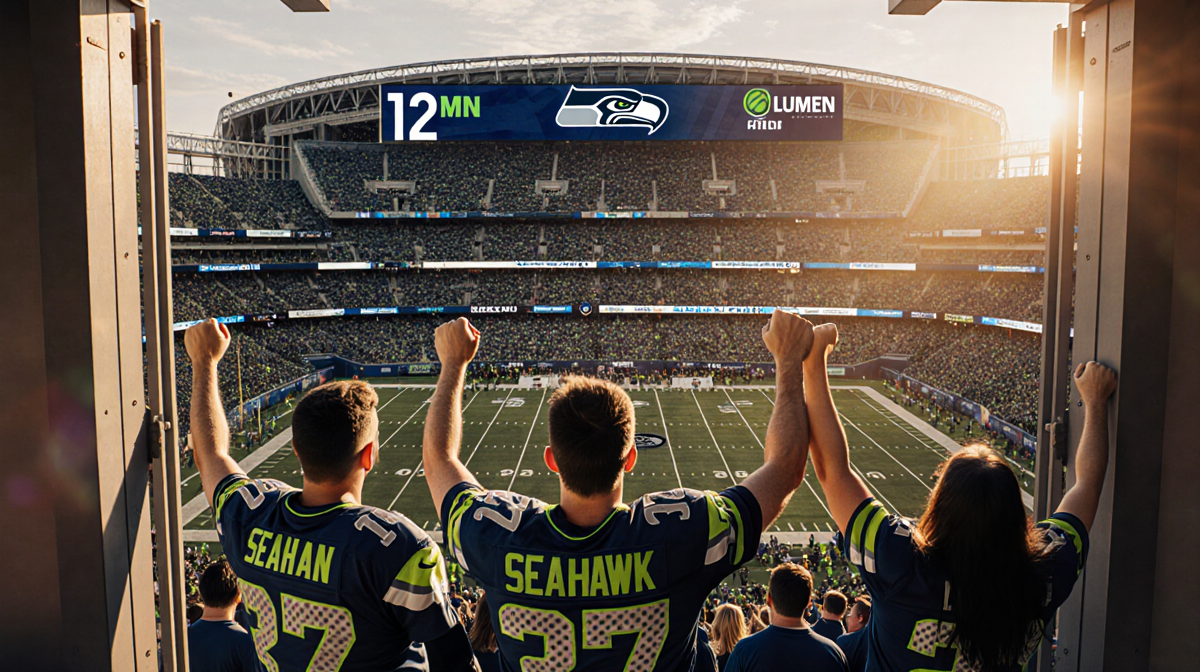 Die‑hard Seahawks fans cheering with jerseys and joined hands under the logo faces upturned toward stadium at sunset