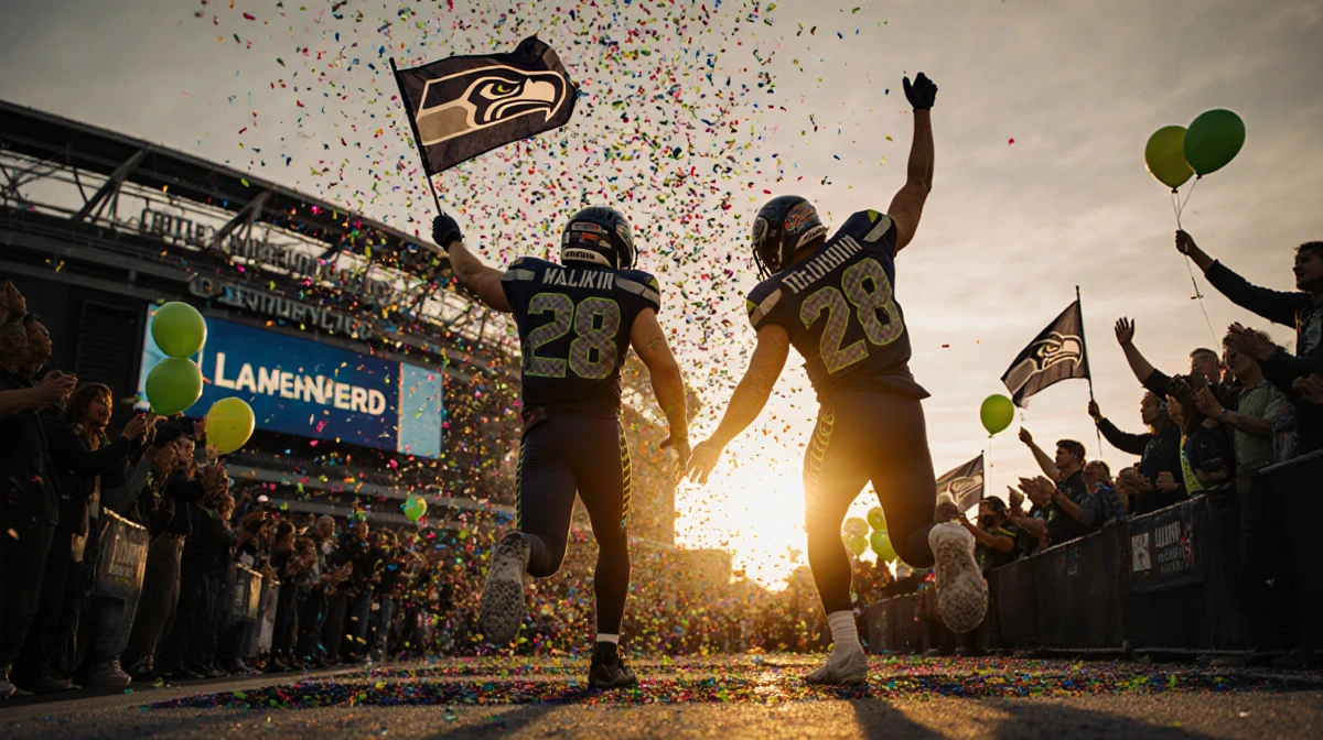 Kenneth Walker III and Zach Charbonnet celebrating the Seattle Seahawks win with fans holding flags under a stadium sunset
