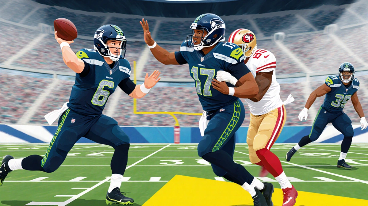 Quarterback Walker throws to Charbonnet with yellow touchdown highlight amid 49ers tackling on gridiron