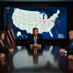 SEC Chairman meeting with lawmakers at table with money trail map showing crypto lobbying connections