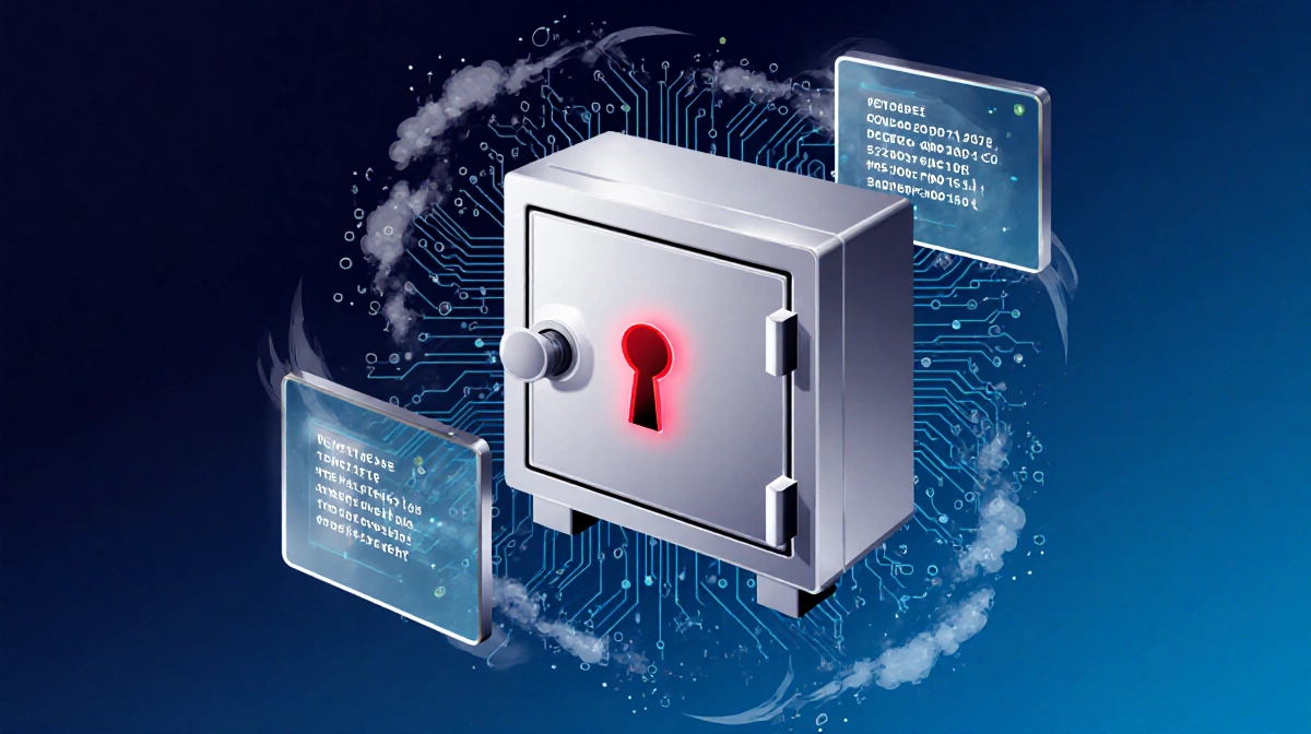 Silver safe unlocks with glowing red keyhole and reveals encrypted symbol on screen with swirling code clouds