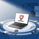 Laptop displaying LastPass icon surrounded by security circles with natural light and subtle business background.