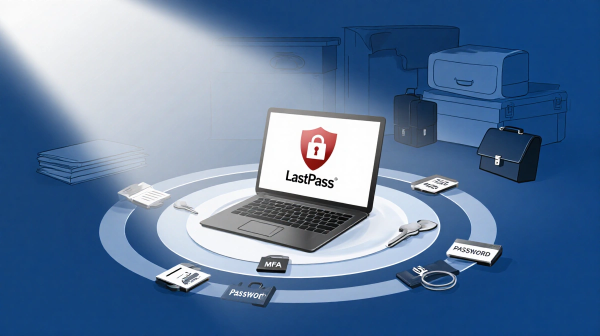 Laptop displaying LastPass icon surrounded by security circles with natural light and subtle business background.