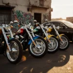 Row of seized motorcycles parked beside a sleek black car with chrome accents and colorful designs and gritty urban backdrop