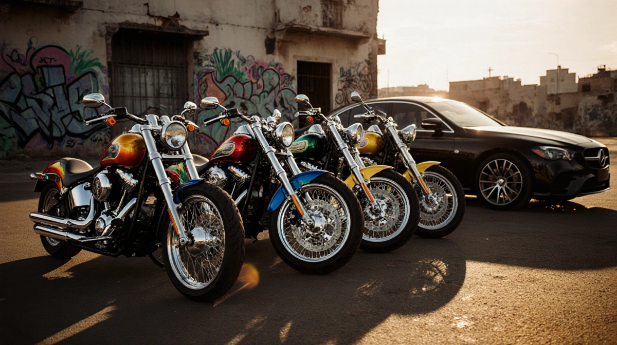 Row of seized motorcycles parked beside a sleek black car with chrome accents and colorful designs and gritty urban backdrop