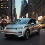 Self-driving car navigating NYC street at dusk with skyscrapers and neon lights reflecting off its surface