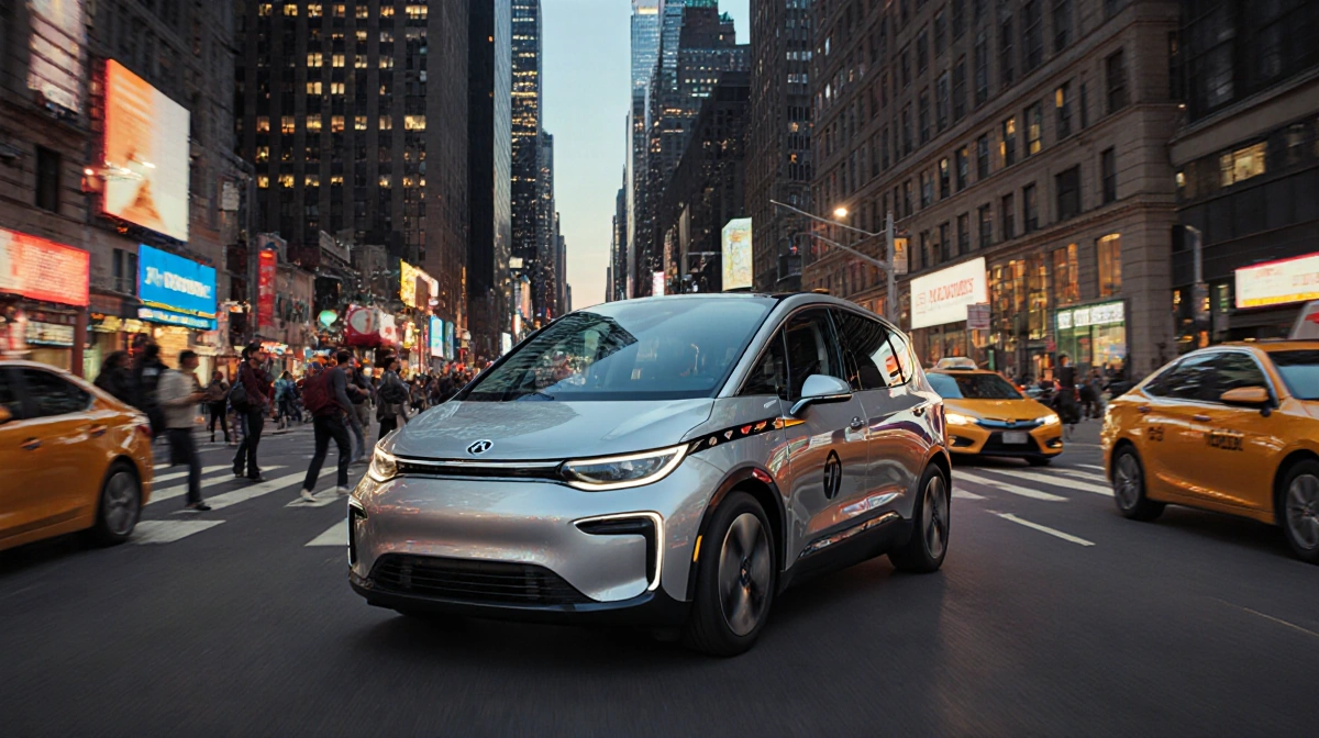Self-driving car navigating NYC street at dusk with skyscrapers and neon lights reflecting off its surface