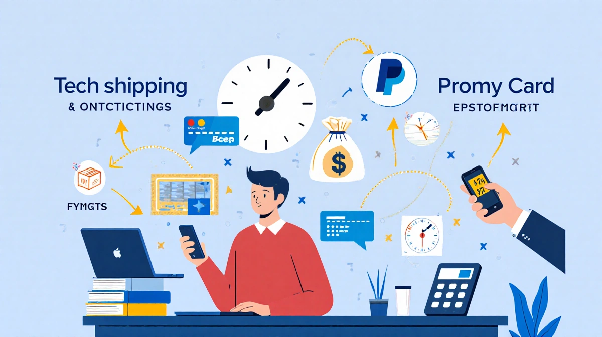 Seller choosing payment method with tech clutter of laptops and phones on desk and clock showing payout timeline