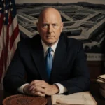 Senator Mark Kelly stands with hand on worn military patch and faded American flag showing determination