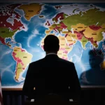 Senator Rubio at a podium looking at a Latin America map with a shadowy Cuban behind and a bright light casting U.S. tension