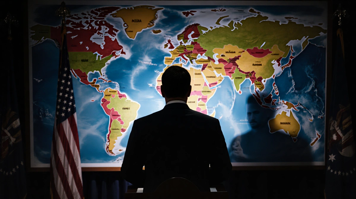 Senator Rubio at a podium looking at a Latin America map with a shadowy Cuban behind and a bright light casting U.S. tension