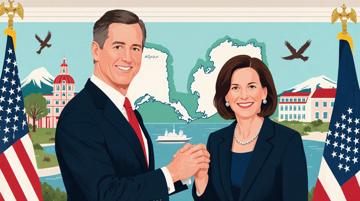 Senators Coons and Murkowski shaking hands with Danish and Greenlandic flags showing partnership