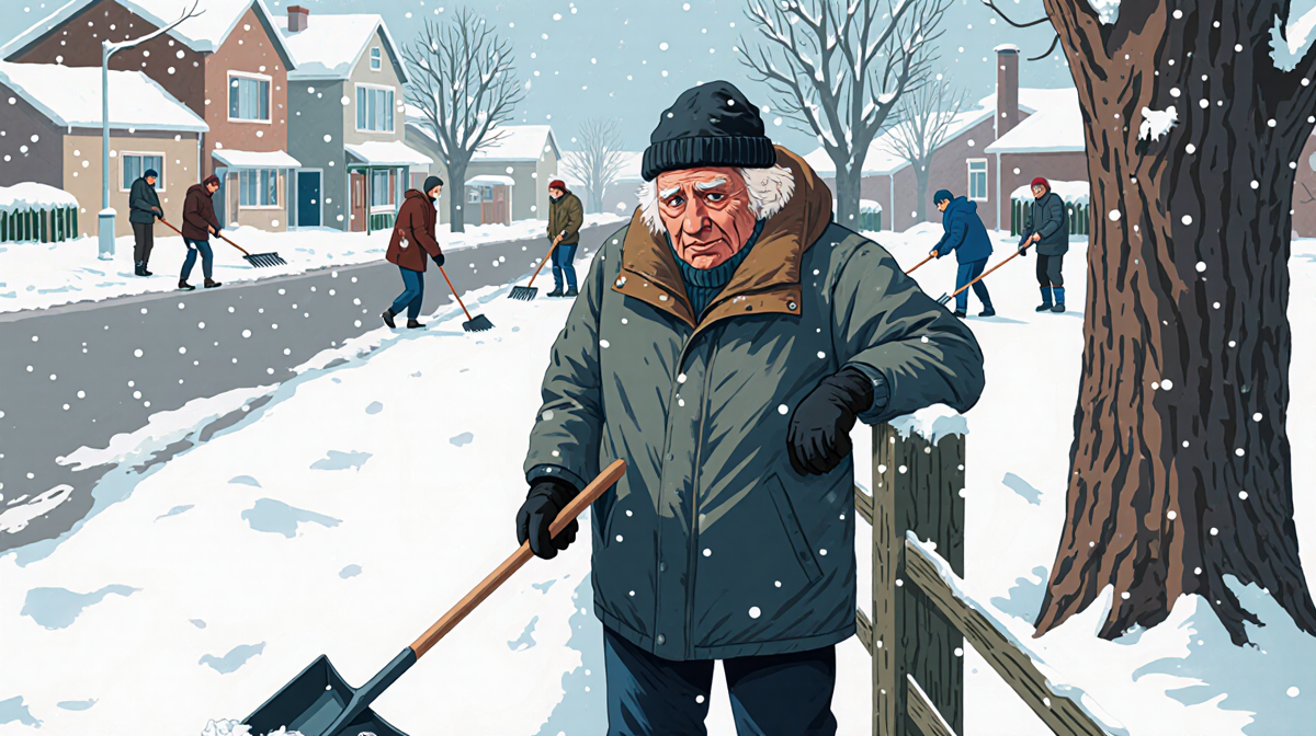 Elderly person taking a break while shoveling snow with sweat on forehead and crowd clearing sidewalks.