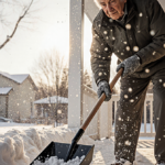 Elderly person shoveling snow from porch with warm light highlighting worry and safety amid falling snowflakes