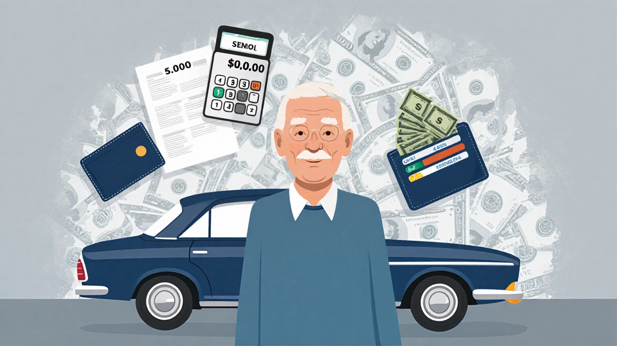 Senior standing beside vintage car with calculator showing tax deduction $6,000 and wallet holding credit cards near stack of