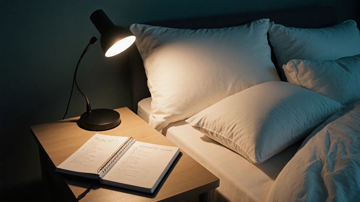 Bedside table displaying a handwritten to‑do list with a warm lamp glow and pillows surrounding it