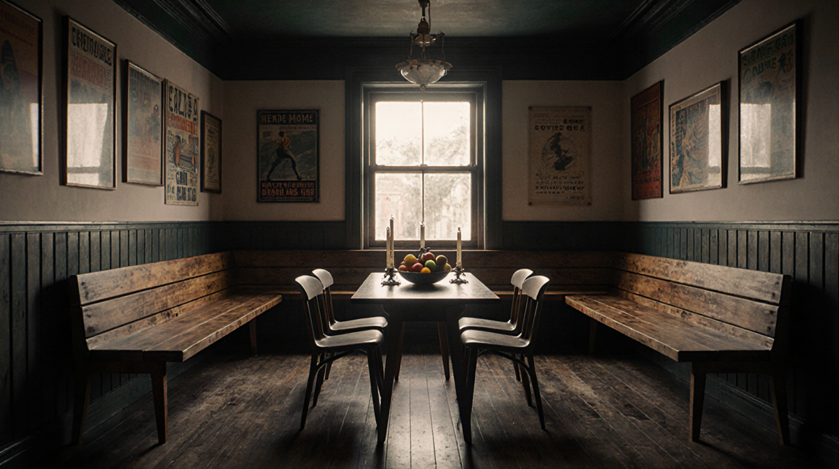 Room illuminated with candles and fruit creating a warm glow and soft natural light.