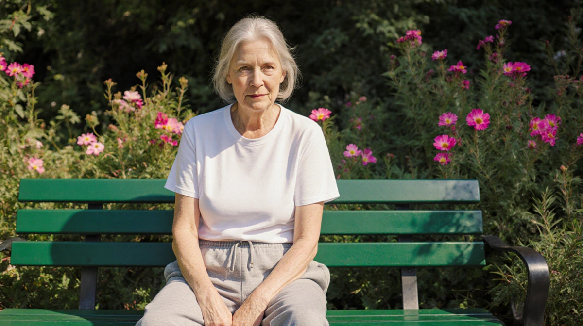 Serene woman sitting on garden bench with soft natural light and vibrant flowers showing peaceful mid-life wellness