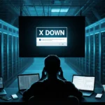 Person sitting at desk with head in hands looking up at large error screen with servers and wires in background