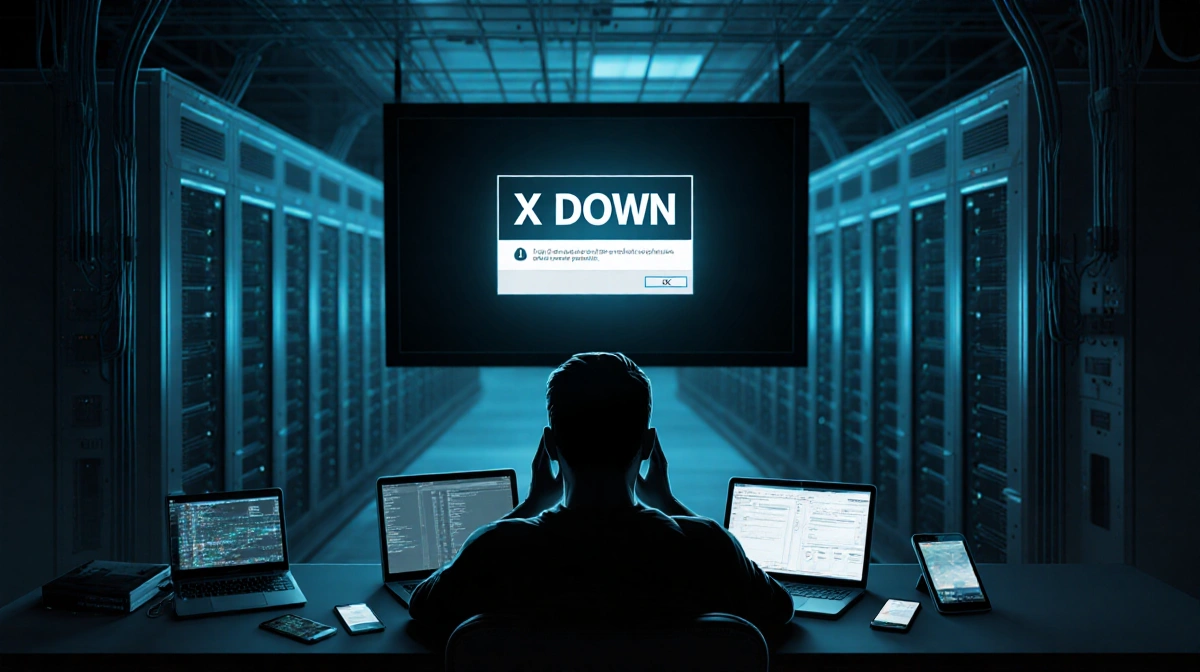 Person sitting at desk with head in hands looking up at large error screen with servers and wires in background