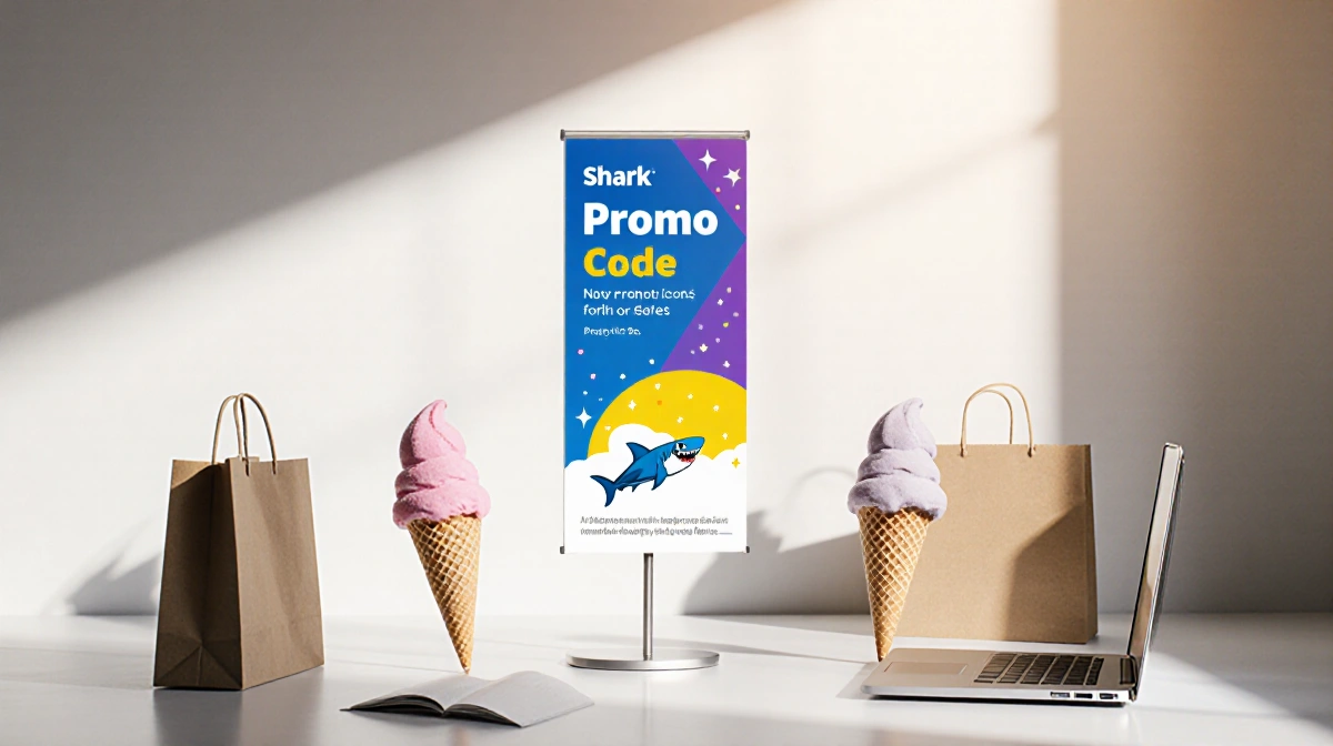 Shark promo banner stands tall with colorful shopping bags and laptops scattered nearby