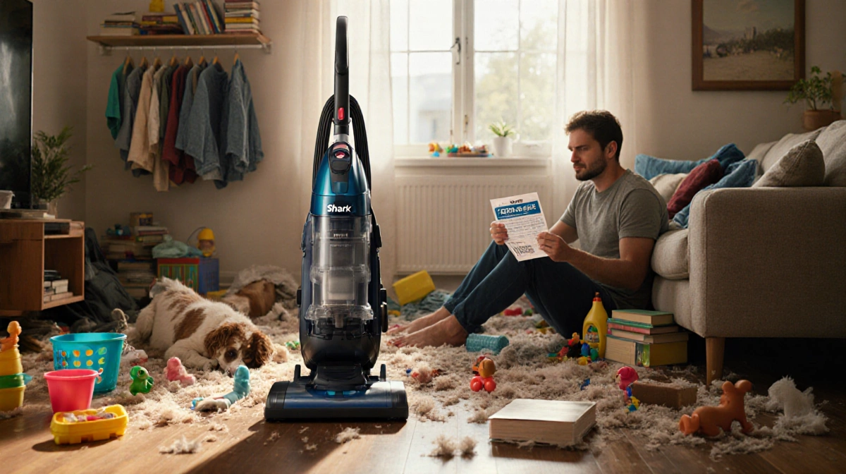 Parent holding Shark promo code flyer with messy living room and vacuum showing relief